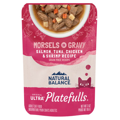 Natural Balance 3-Ounce Platefulls Indoor Salmon, Tuna, Chicken and Shrimp Formula in Gravy Entree for Cats, Pack of 24