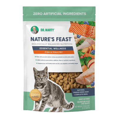 Dr Marty's  Nature's Feast, Essential Wellness, Beef, Salmon and Poultry Freeze Dried Raw Cat Food 12 oz.