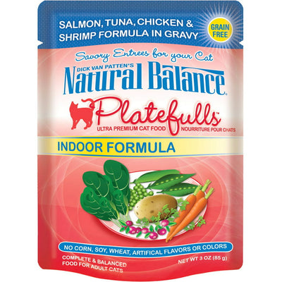 Natural Balance 3-Ounce Platefulls Indoor Salmon, Tuna, Chicken and Shrimp Formula in Gravy Entree for Cats, Pack of 24