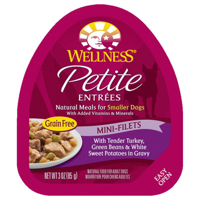 Wellness Petite Entrees Mini Fillets Grain Free Natural Wet Small Breed Dog Food, Tender Turkey, Green Beans & White Sweet Potato, 3-Ounce Cup (Pack of 24)